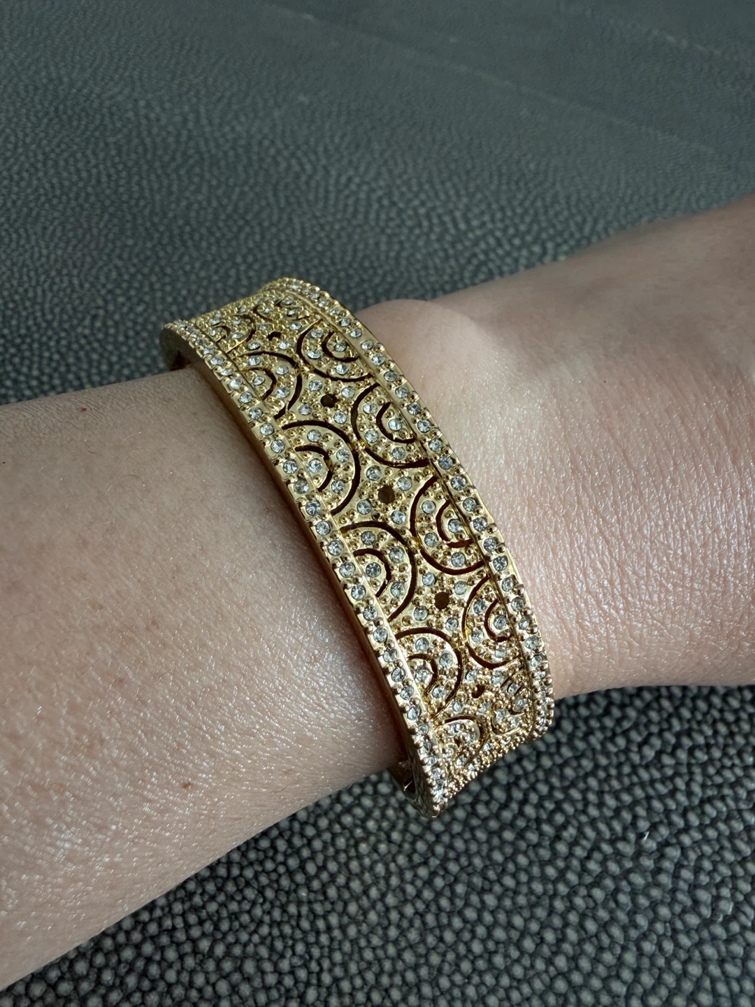 Gold Tone Hinged Bangle Bracelet with Rhinestones