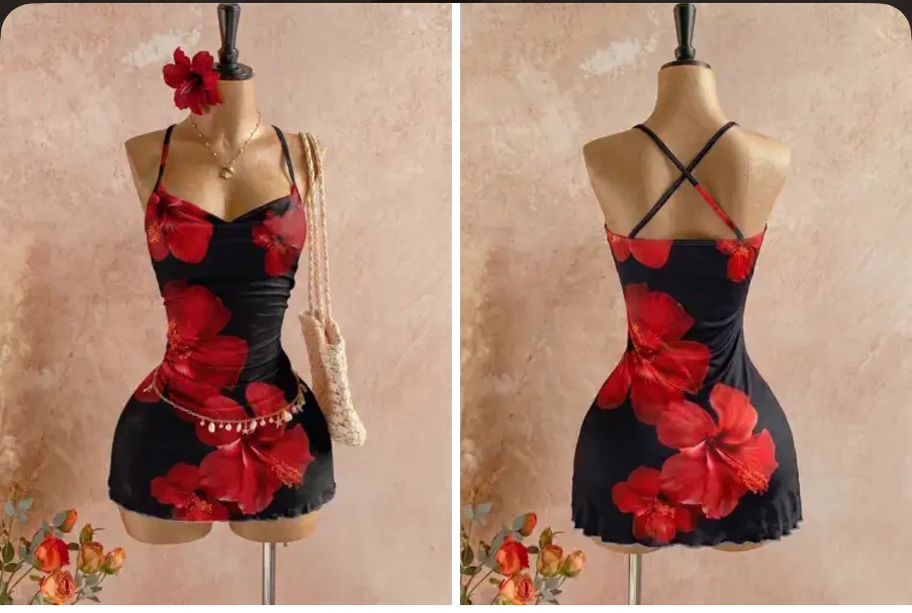 Black and Red Floral Slip Dress. Size large