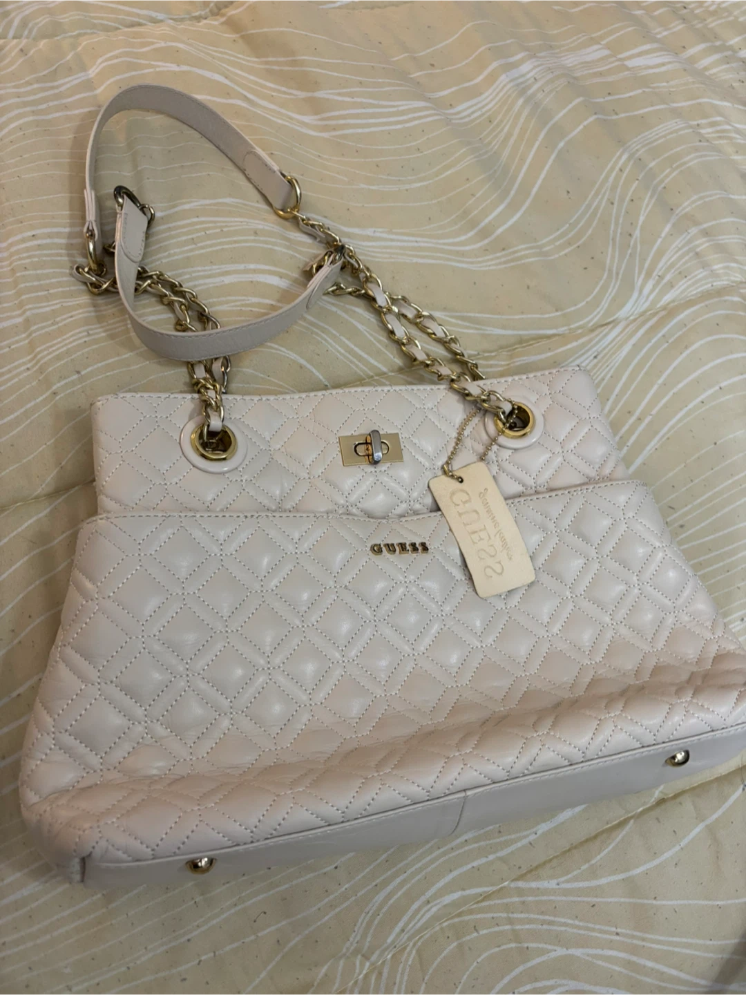 Guess Quilted Chain Shoulder Bag - Cream