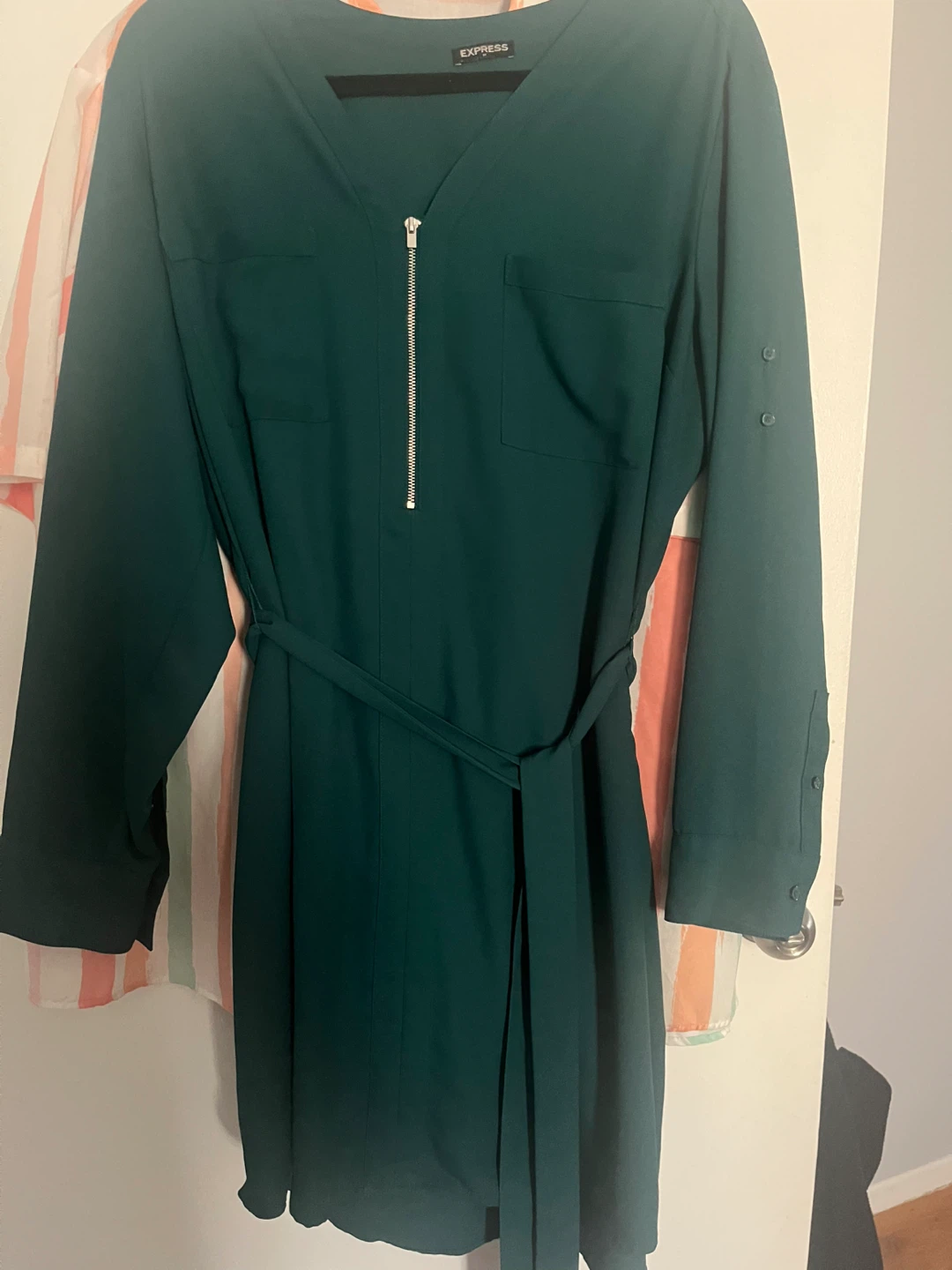 Express Green V-Neck Zip Front Dress with Belt