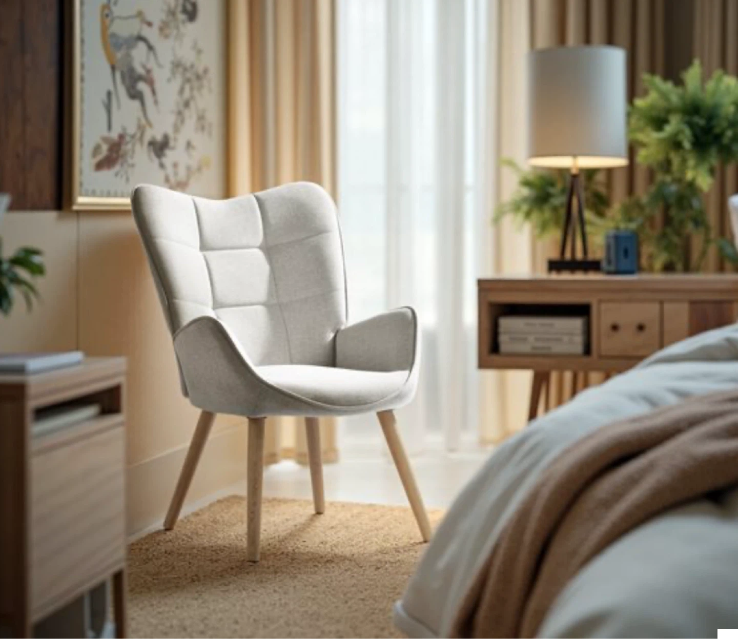 Beige Wingback Accent Chair w/ Skin-Friendly Fabric - photo 2