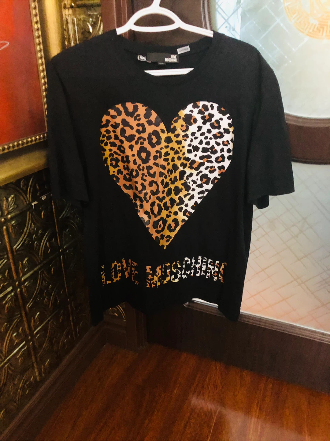 Love Moschino Black T-Shirt with Leopard Heart Graphic