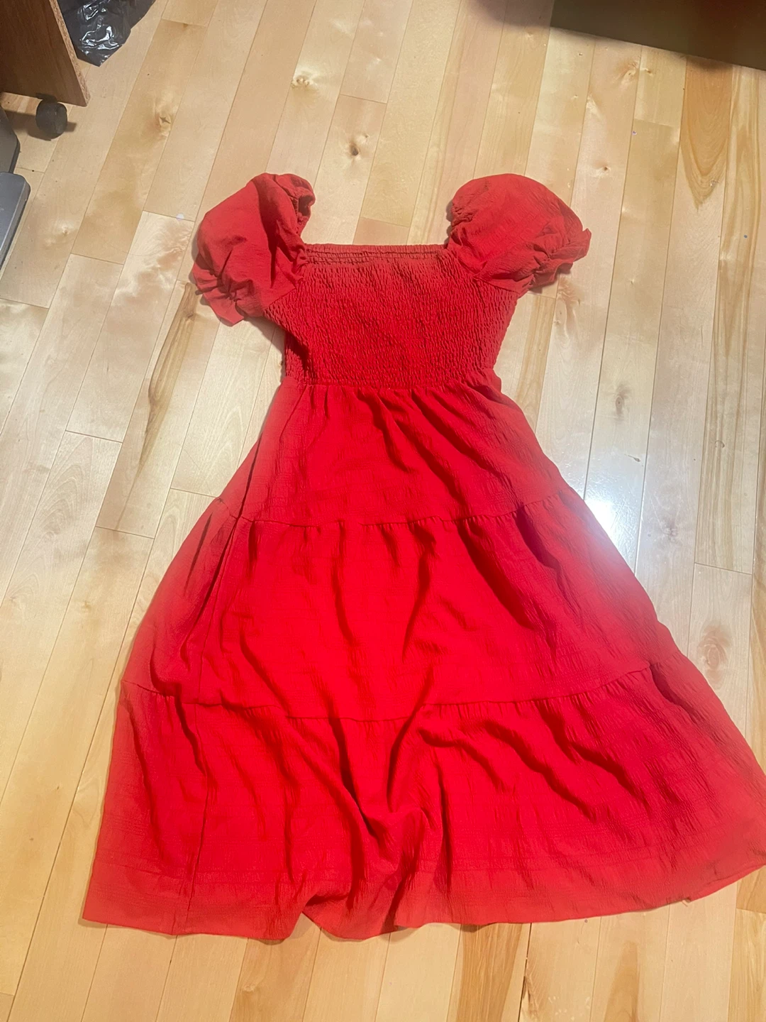 Red Smocked Puff Sleeve Tiered Midi Dress