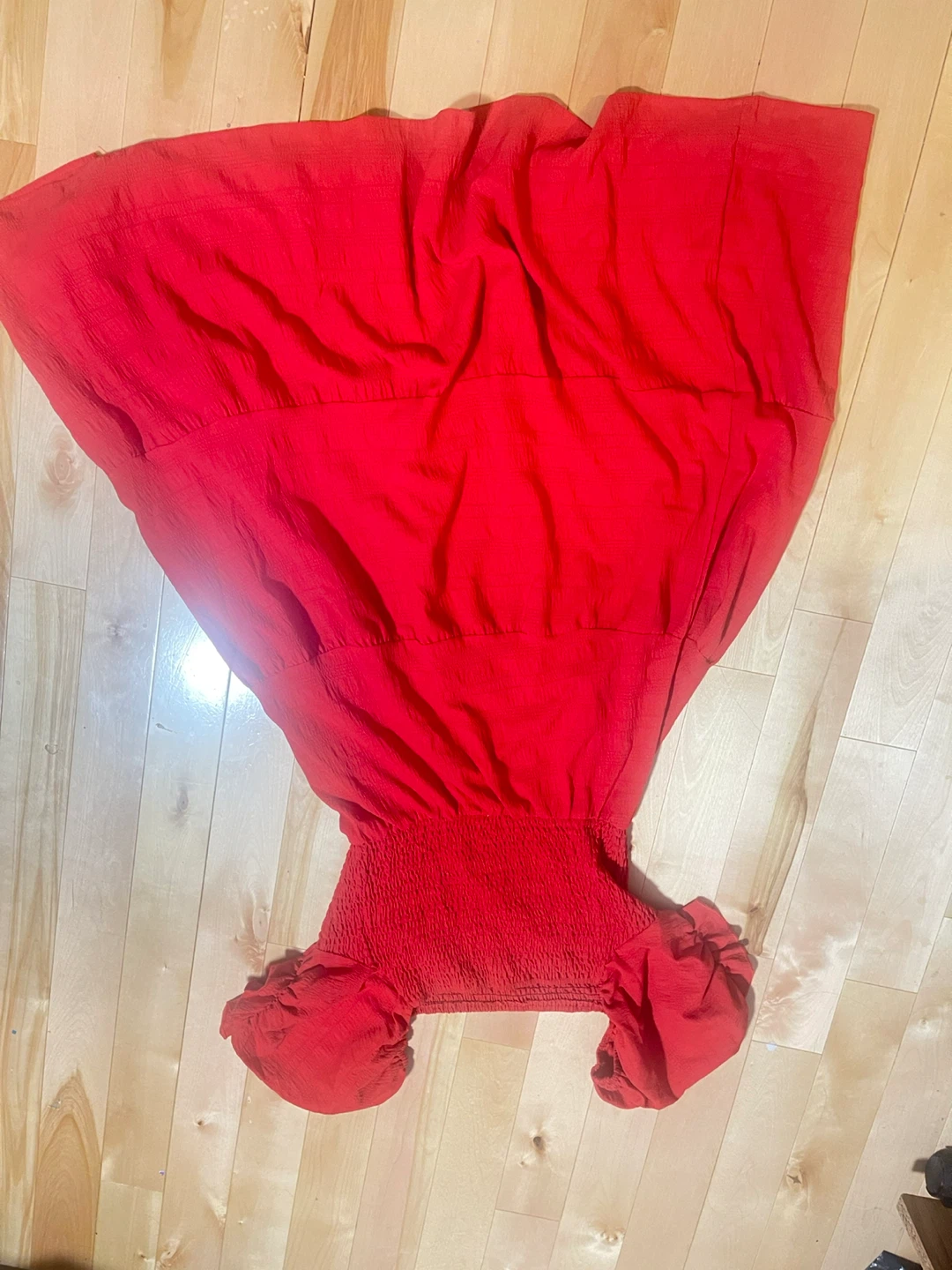 Red Smocked Puff Sleeve Tiered Midi Dress - photo 2