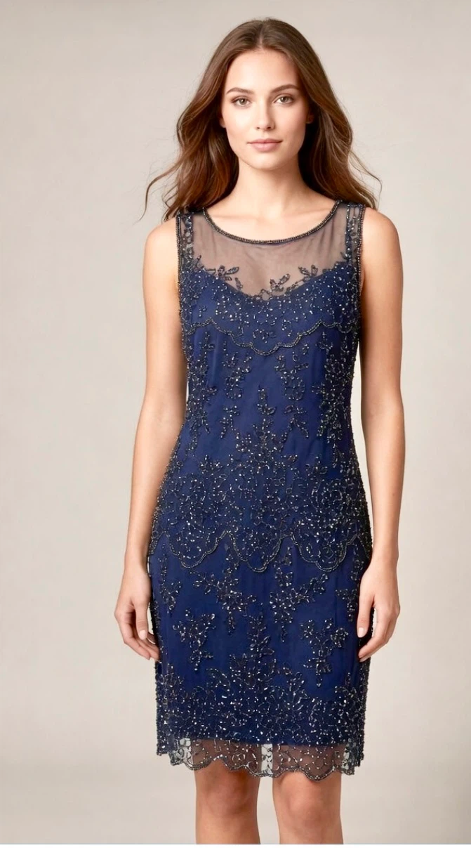 Pisarro Nights Navy Blue Beaded Cocktail Dress