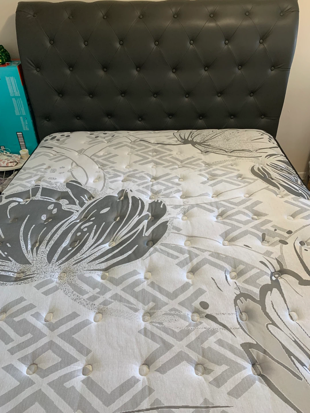 Moving out: Tufted Grey Faux Leather Headboard and Mattress Set