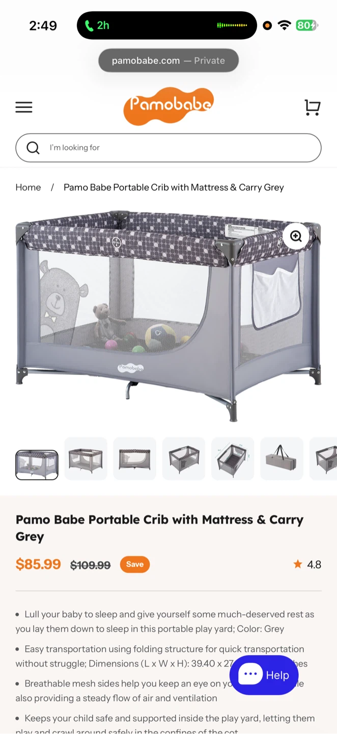 Pamo Babe Portable Crib with Mattress & Carry Grey