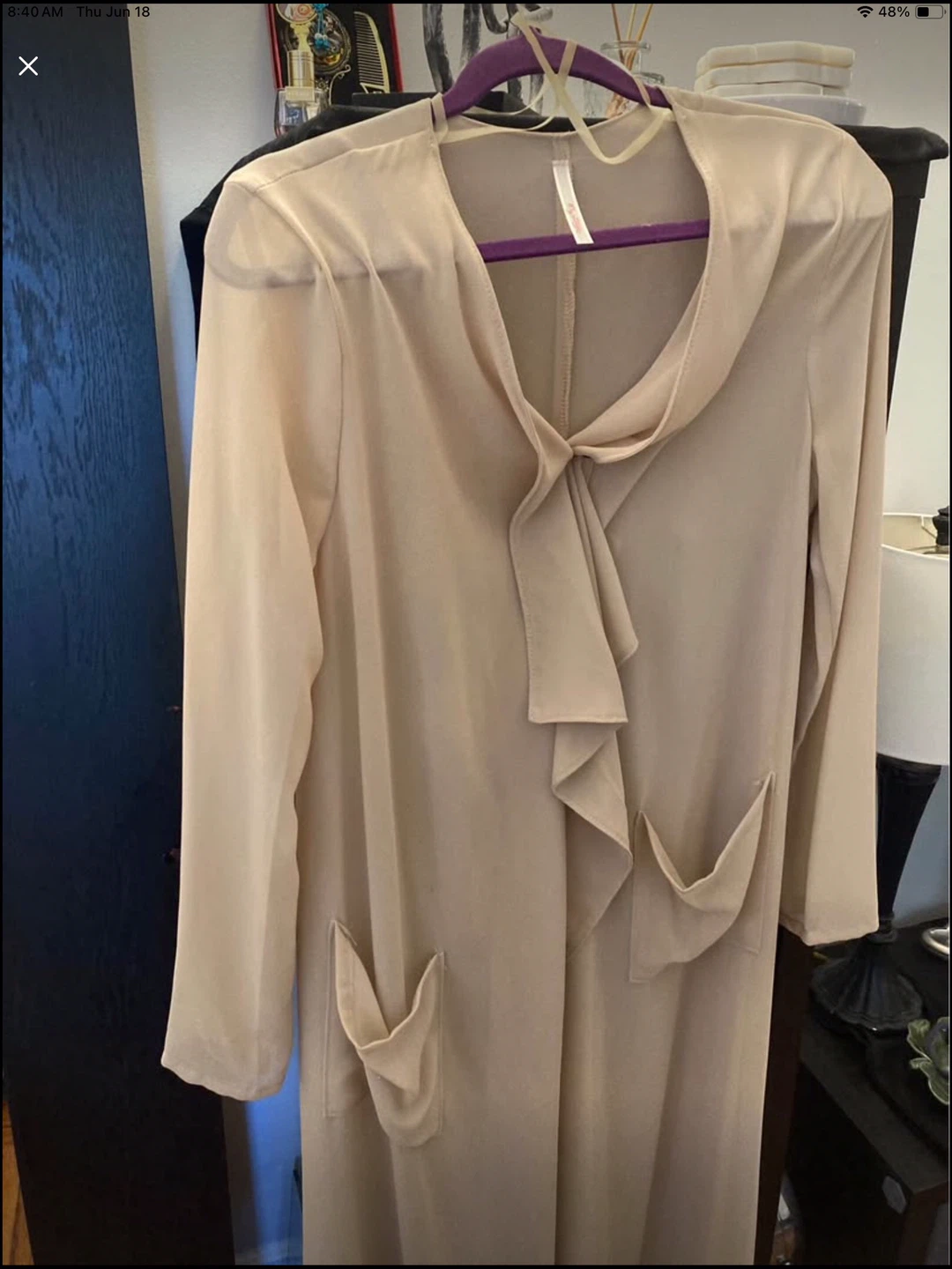 Women's Beige Long Sleeve Duster with Tie Neck and Pockets - photo 2