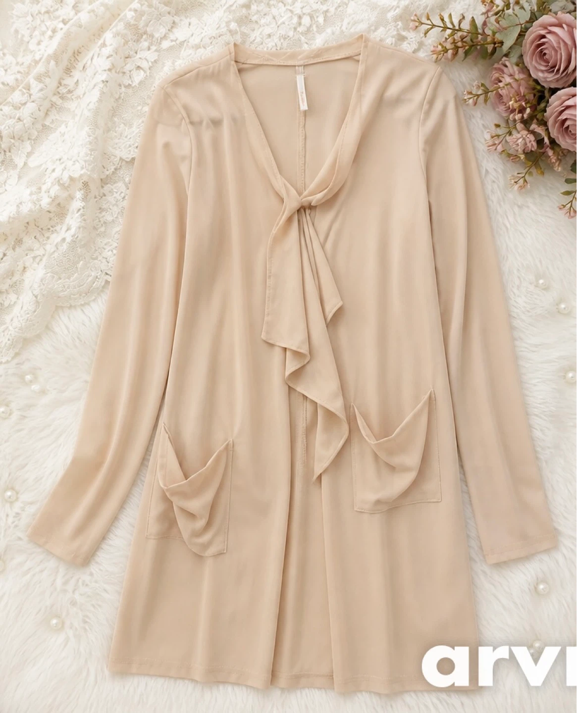 Women's Beige Long Sleeve Duster with Tie Neck and Pockets