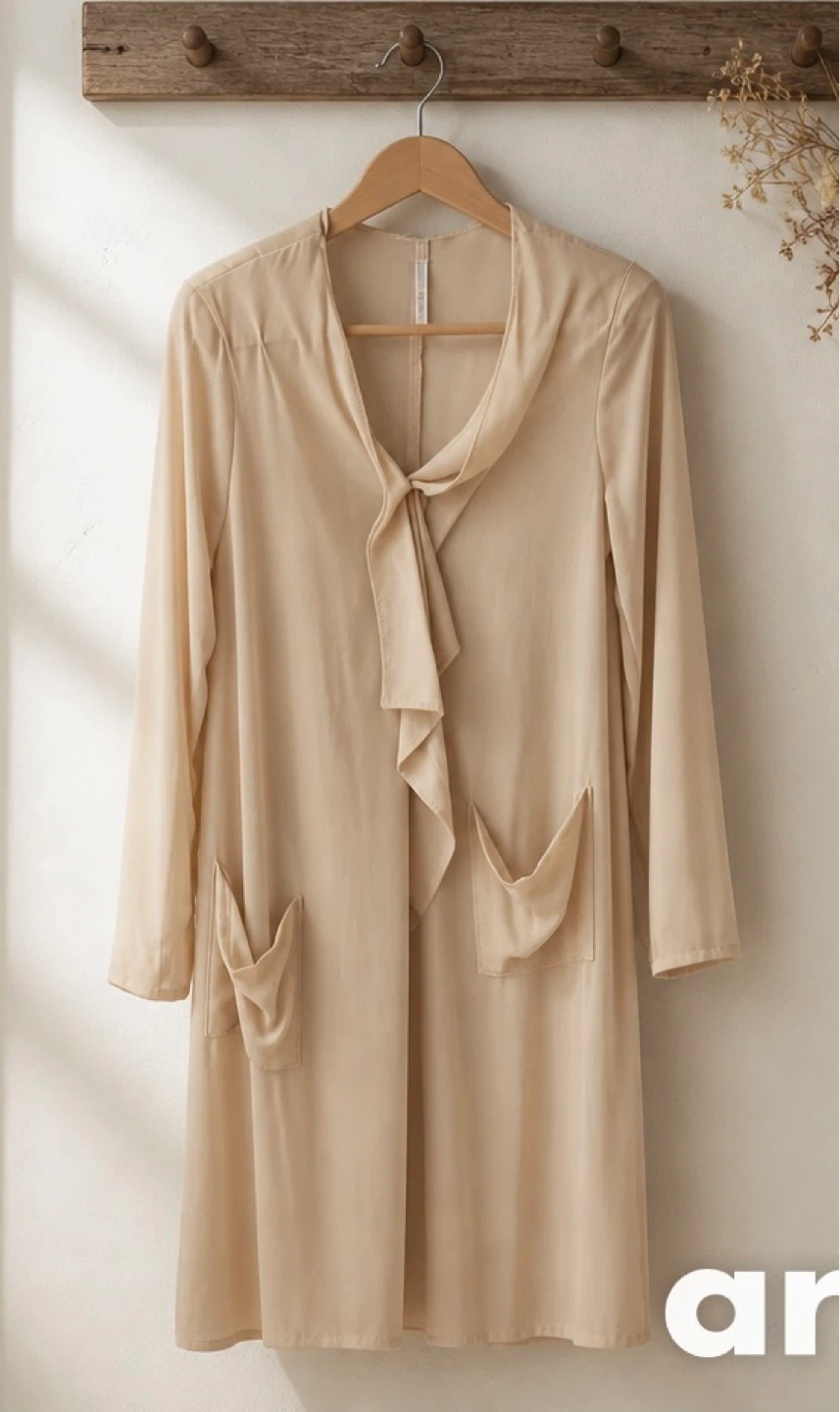 Women's Beige Long Sleeve Duster with Tie Neck and Pockets - photo 4