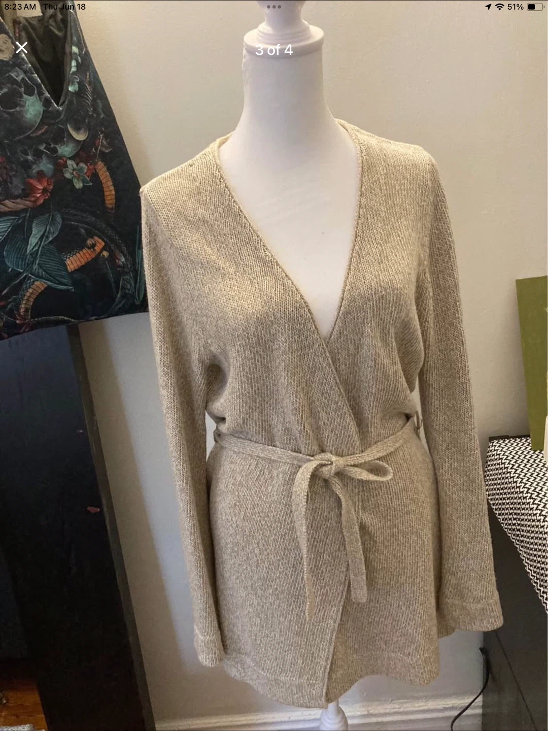 Women's Beige Knit Wrap Cardigan Sweater with Belt