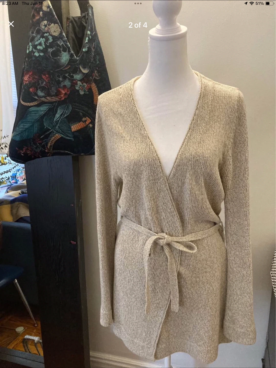 Women's Beige Knit Wrap Cardigan Sweater with Belt - photo 3