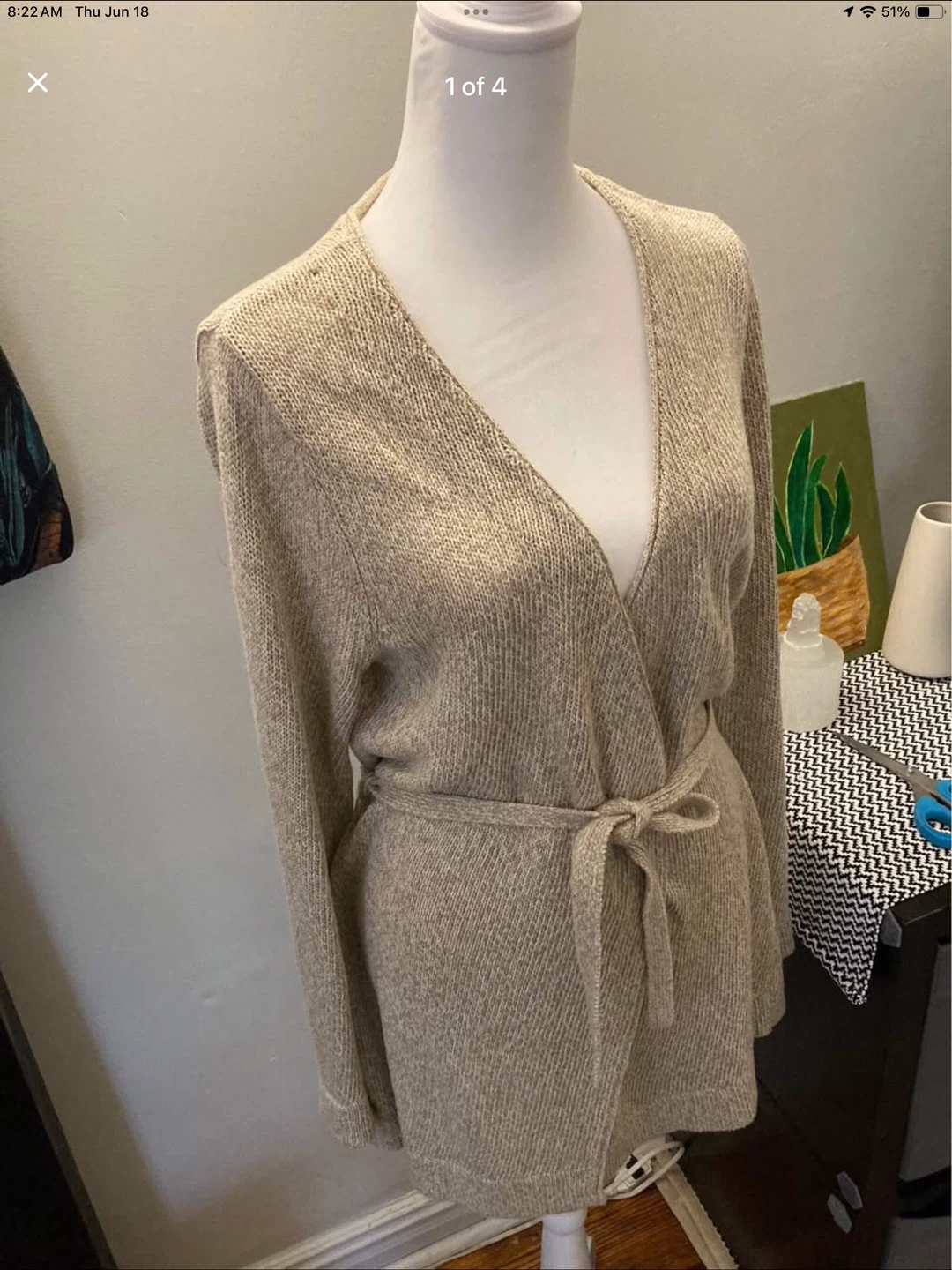 Women's Beige Knit Wrap Cardigan Sweater with Belt - photo 4