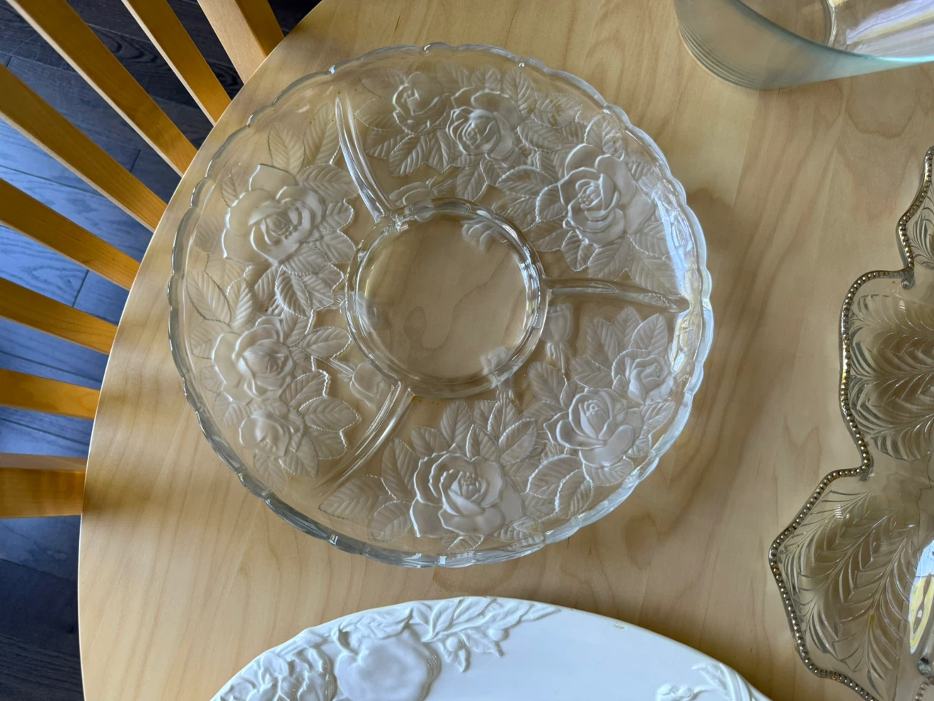 Glass Rose Embossed Divided Serving Platter