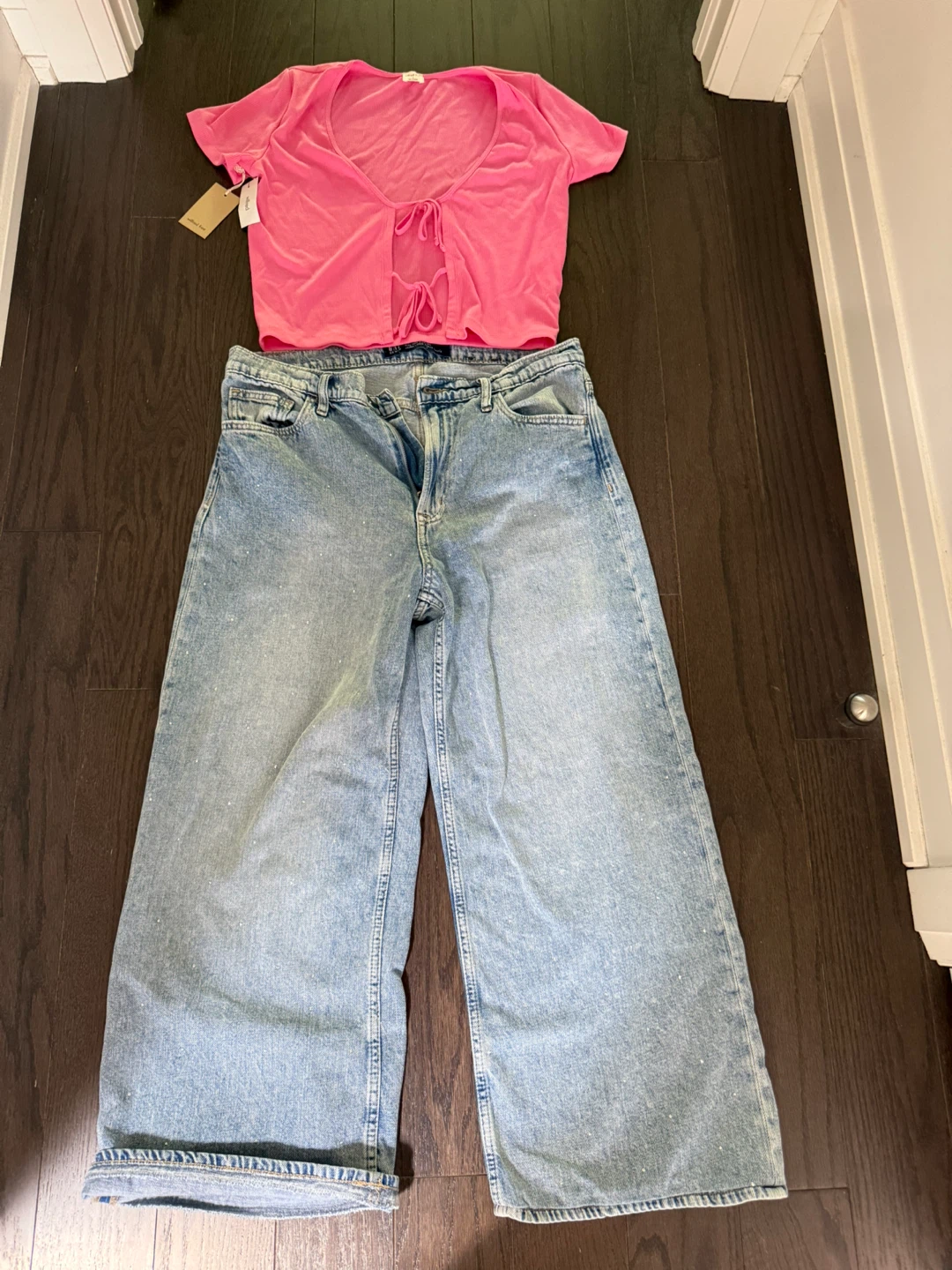Wilfred Pink Tie-Front Crop Top & Gap Wide-Leg Jeans