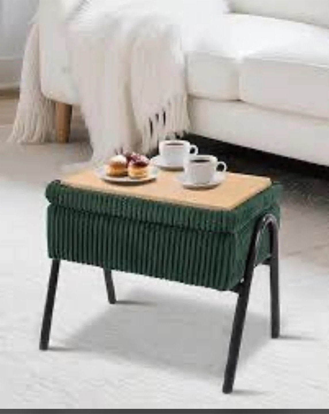 Green Storage Ottoman with Wood Top