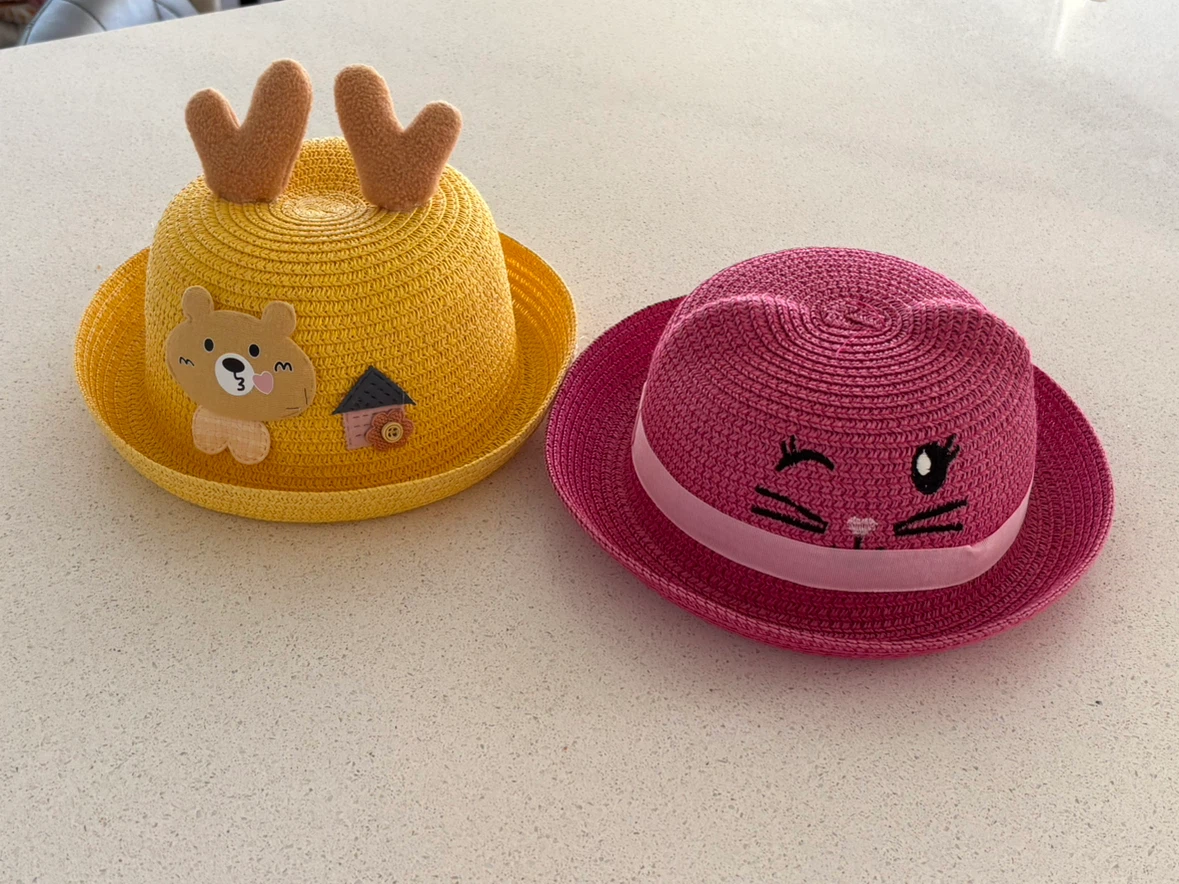 Italian couture Kids Straw Hats - Yellow Bear & Pink Cat