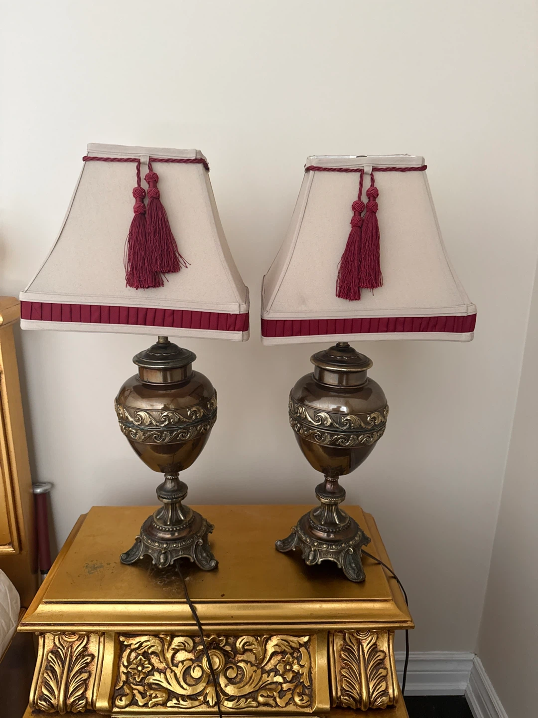 Pair of Vintage Decorative Table Lamps with Burgundy Tassels