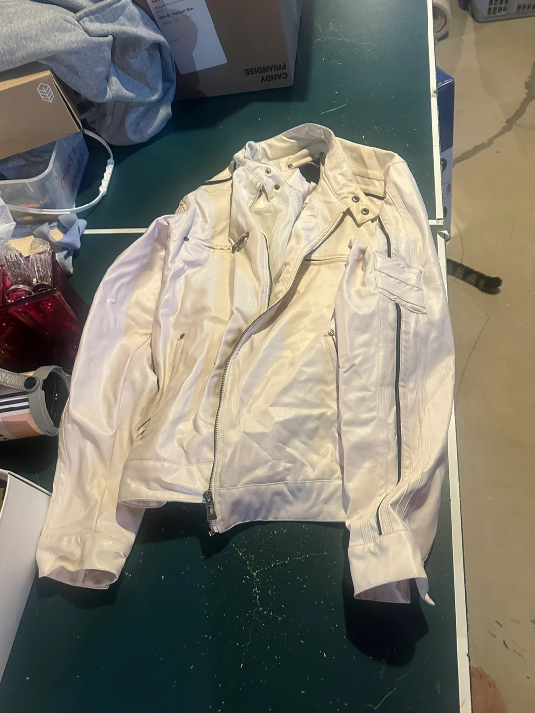 White Faux Leather Moto Jacket with purse