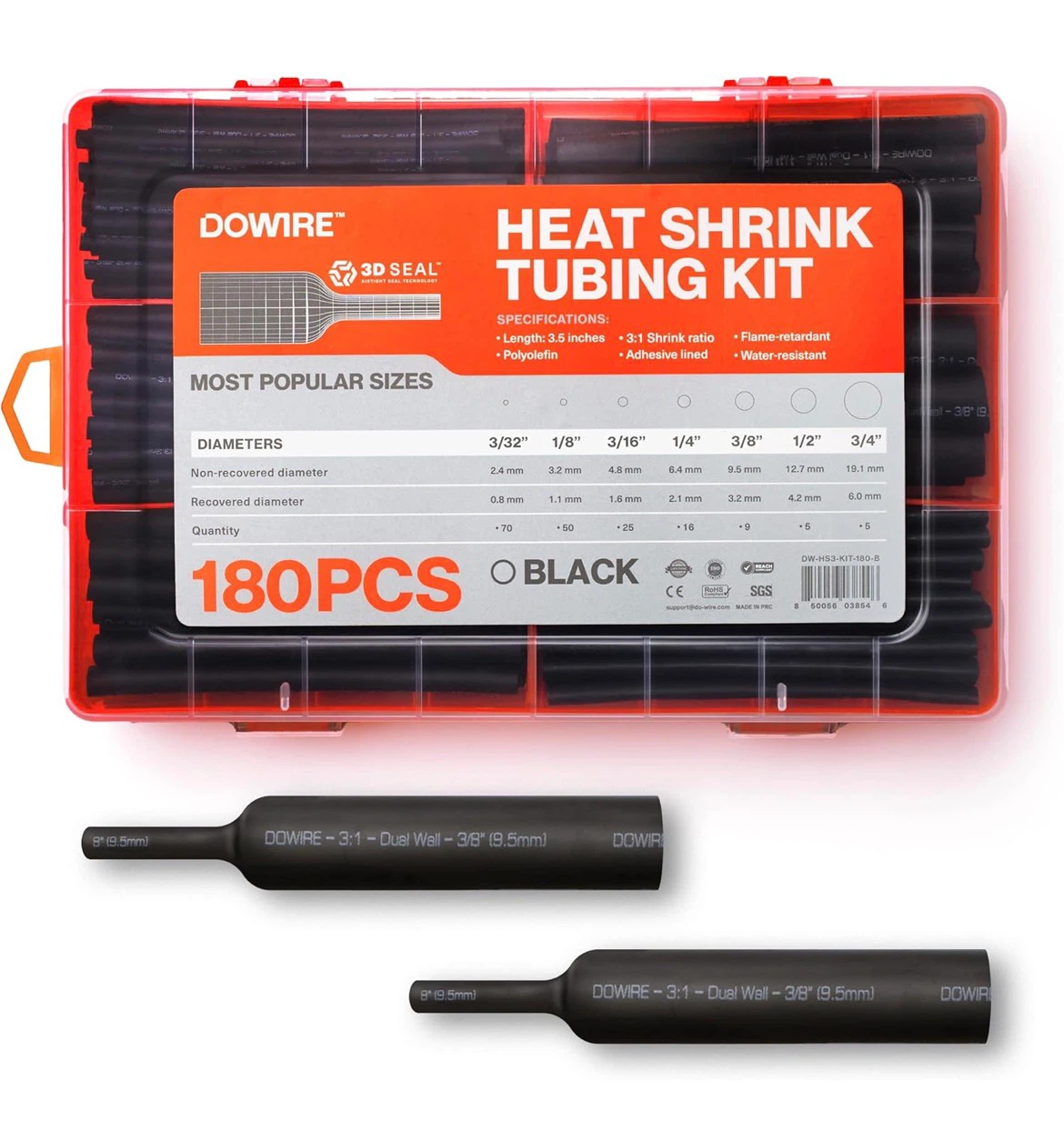 DOWIRE Heat Shrink Tubing Kit - 180 PCS, Black