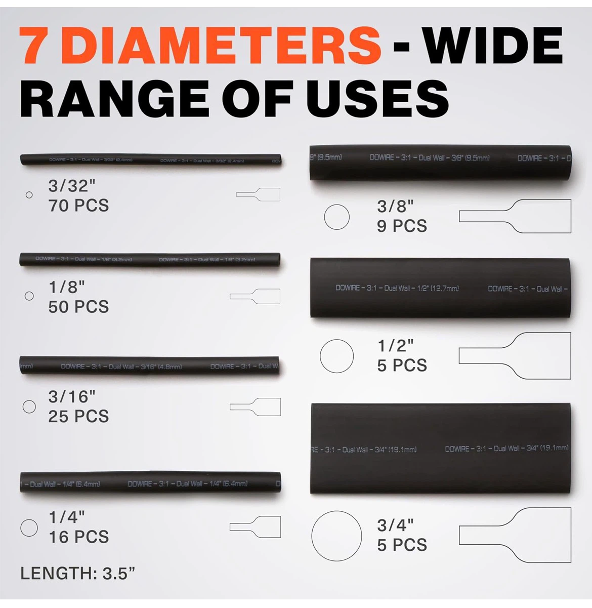 DOWIRE Heat Shrink Tubing Kit - 180 PCS, Black - photo 2