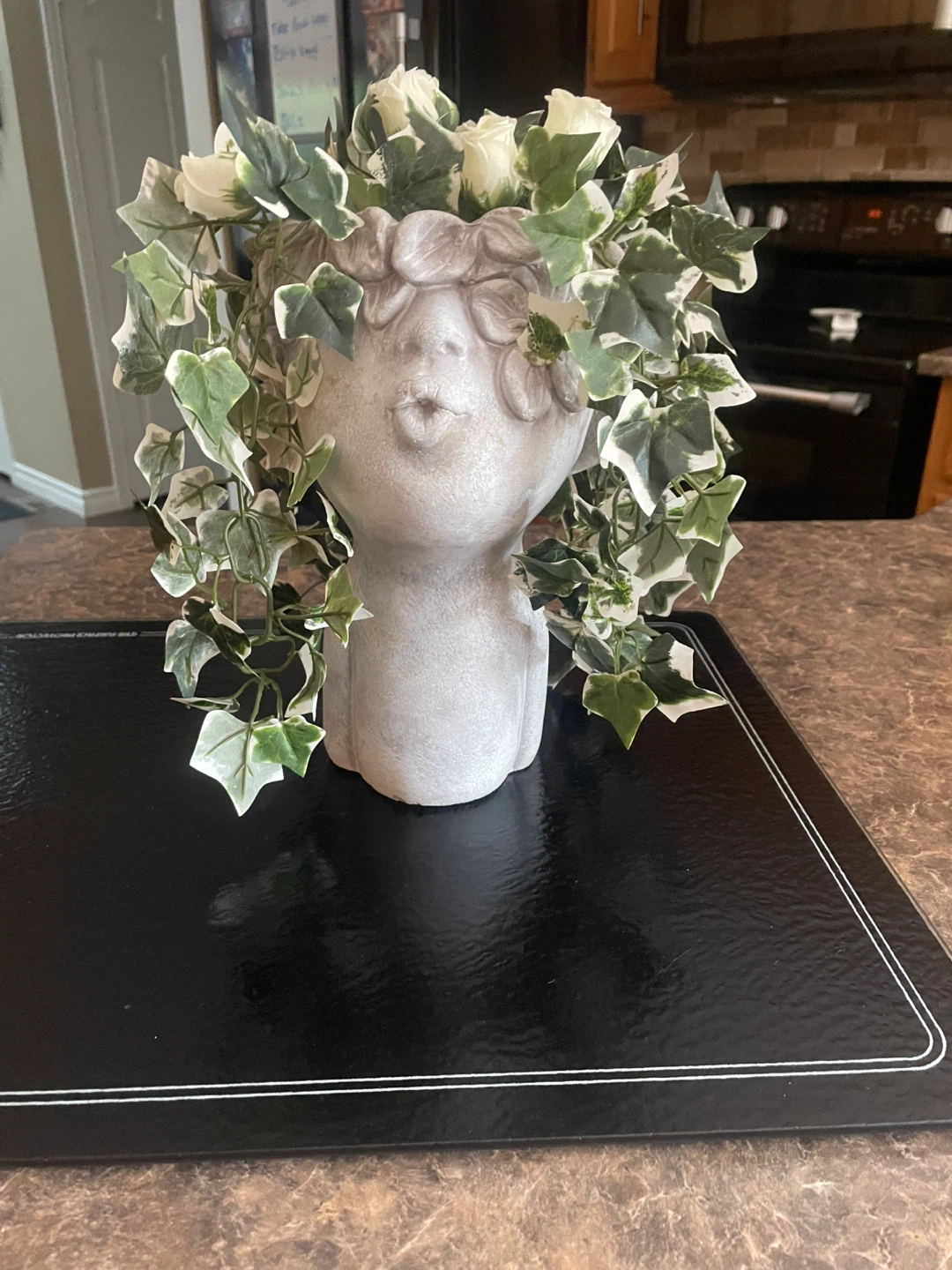 Head Planter with Faux Ivy and Roses