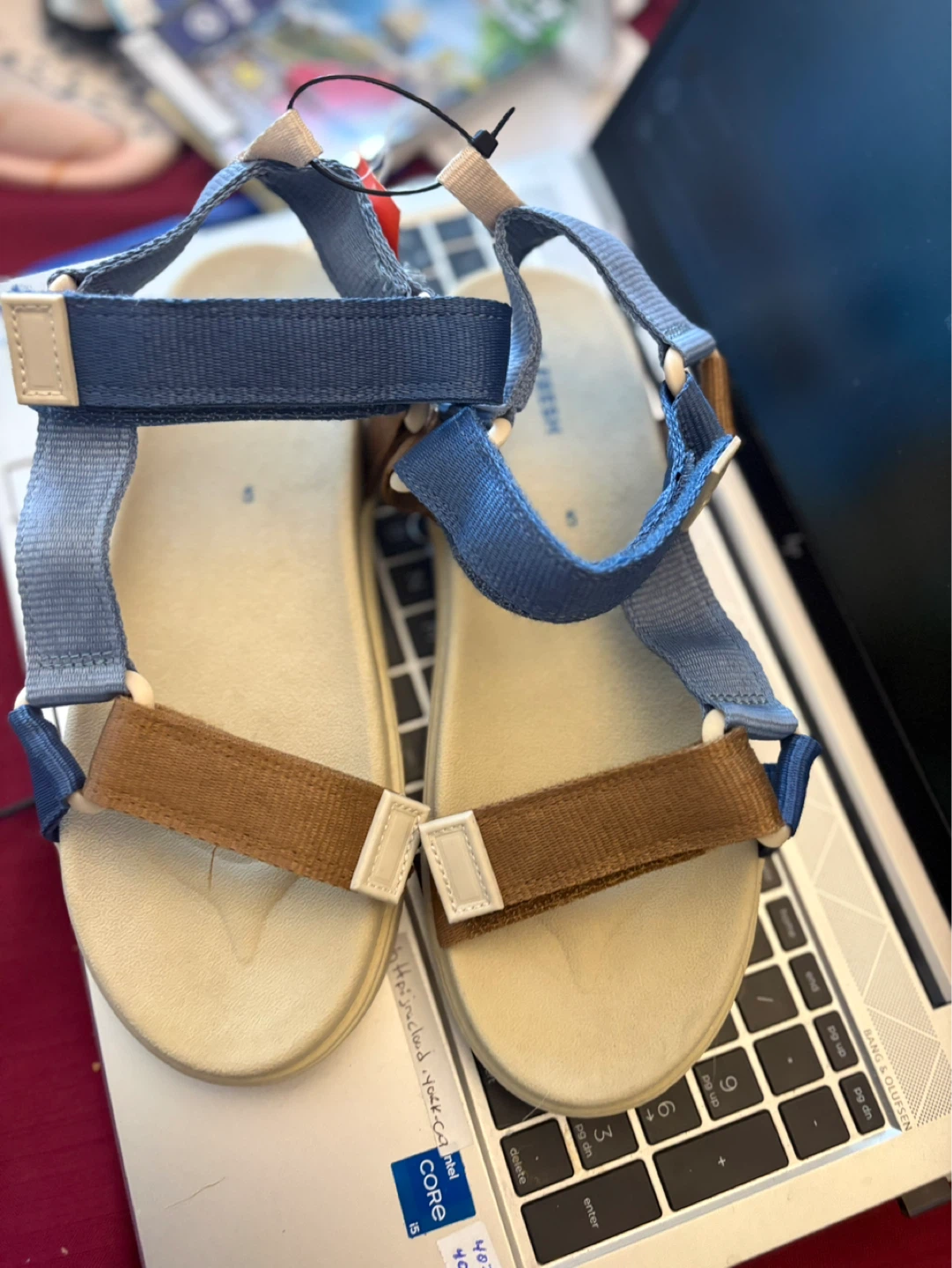 Blue and brown multi-strap sandals