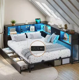 Black Bed Frame and Mattress with Built-in Storage and Lights
