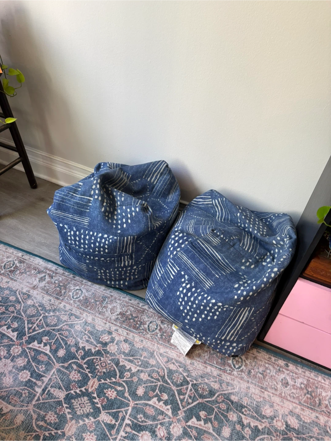 Set of 2 Blue Mudcloth Style Poufs