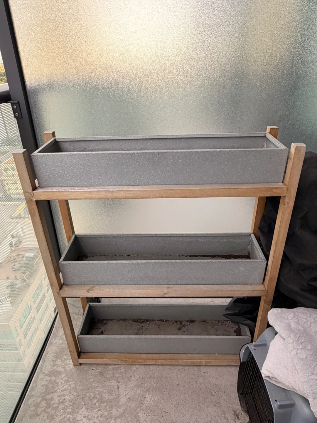 3-Tier Wooden Plant Stand with Grey Planters
