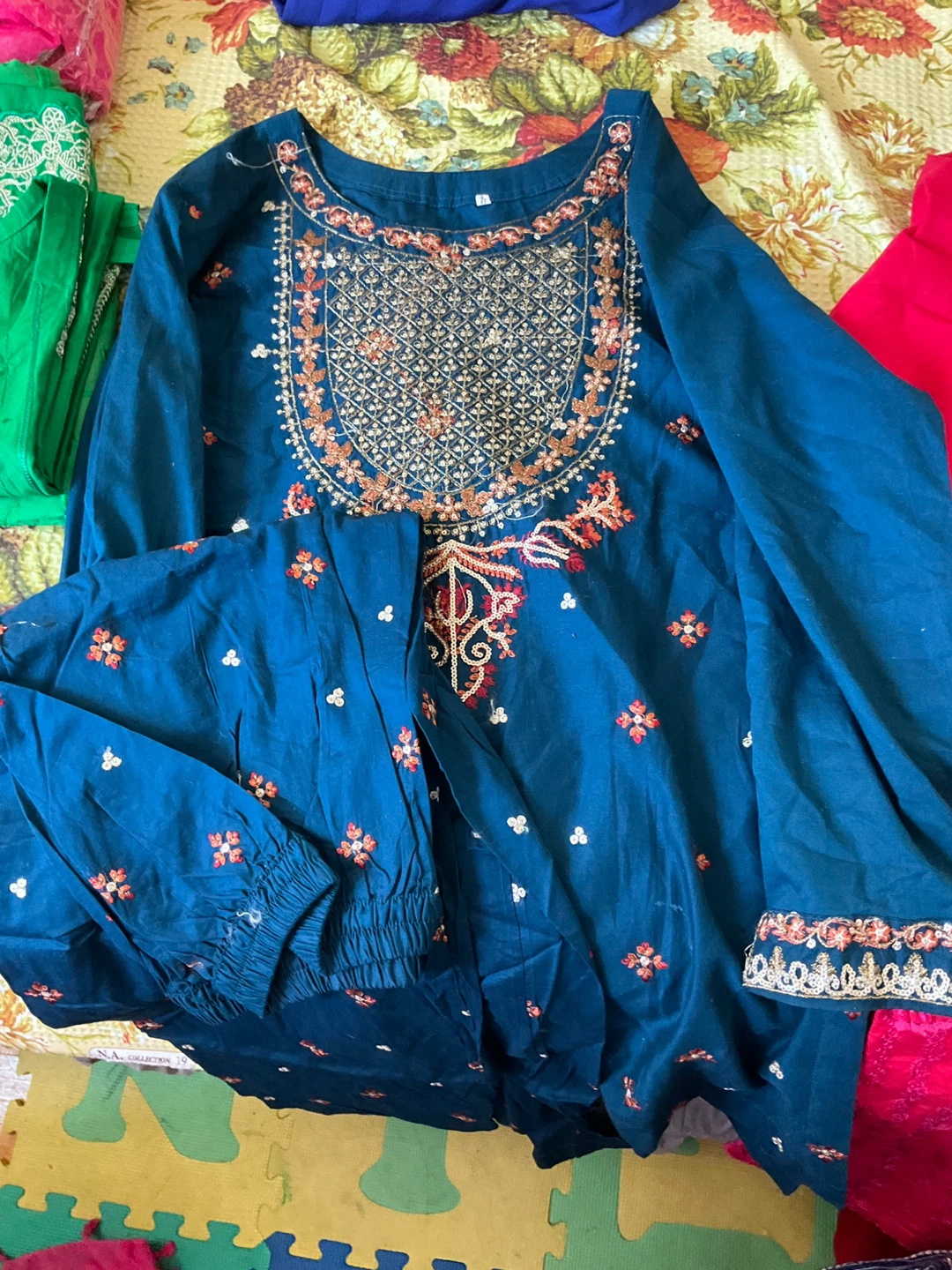 Embroidered Blue Kurti with Pants