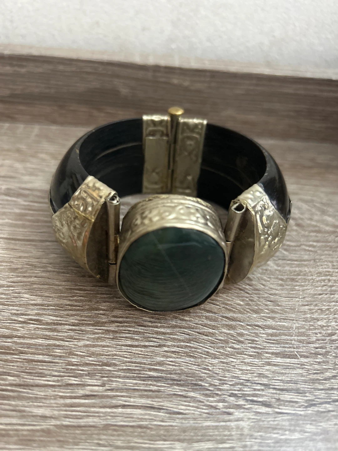 Vintage Black Bangle Bracelet with Green Stone