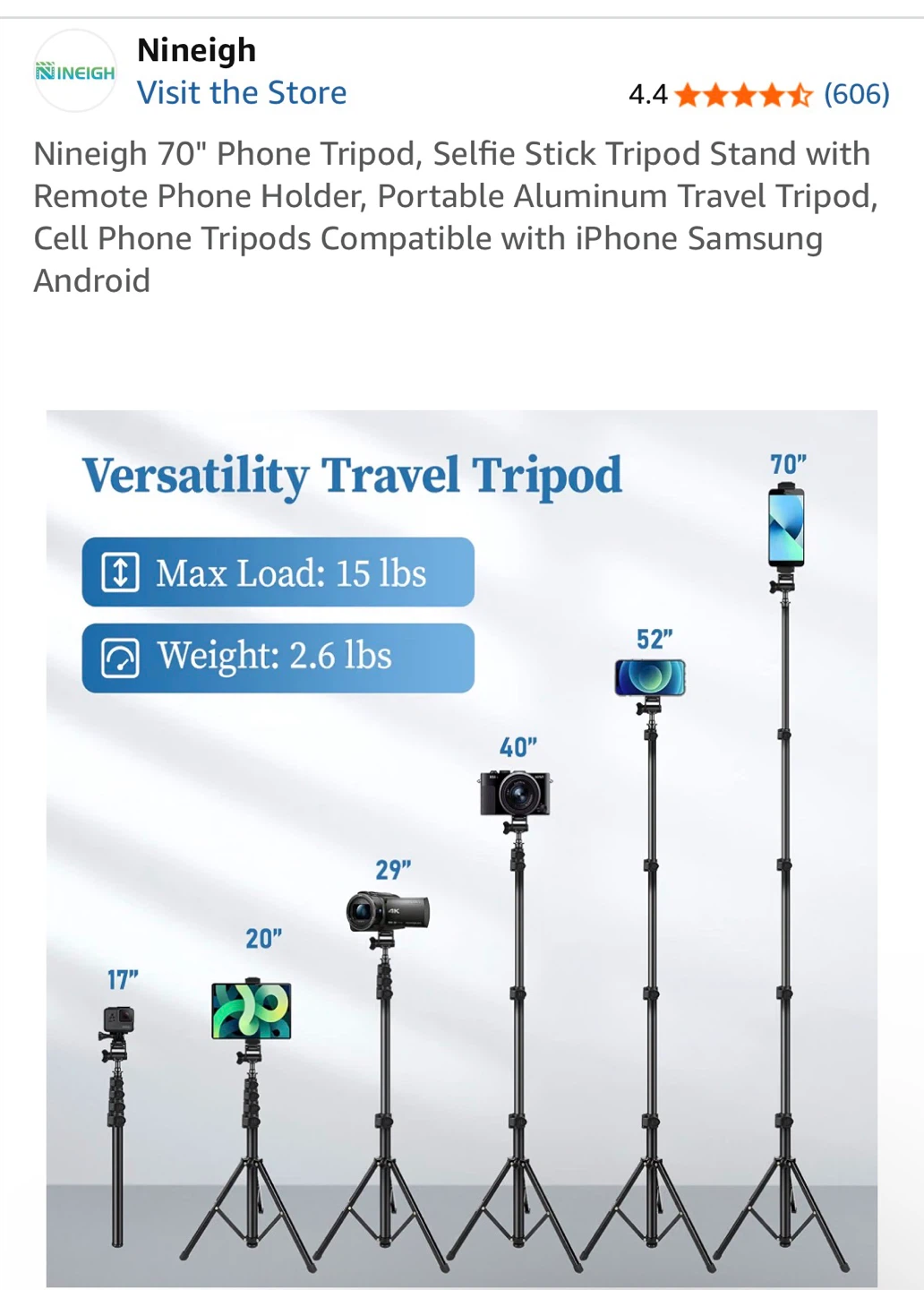 Nineigh 70" Phone Tripod, Selfie Stick - photo 2