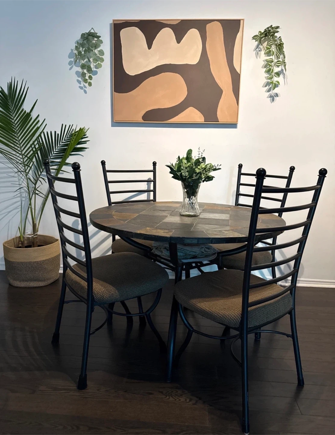 Round Slate Tile Dining Table with 4 Chairs