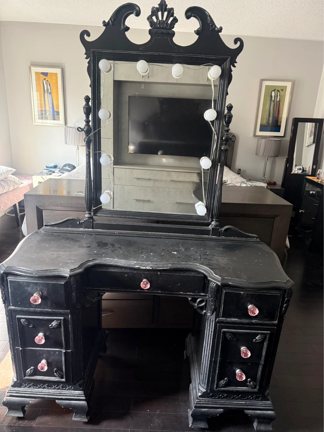 Vintage Black Vanity Dressing Table with Lighted Mirror