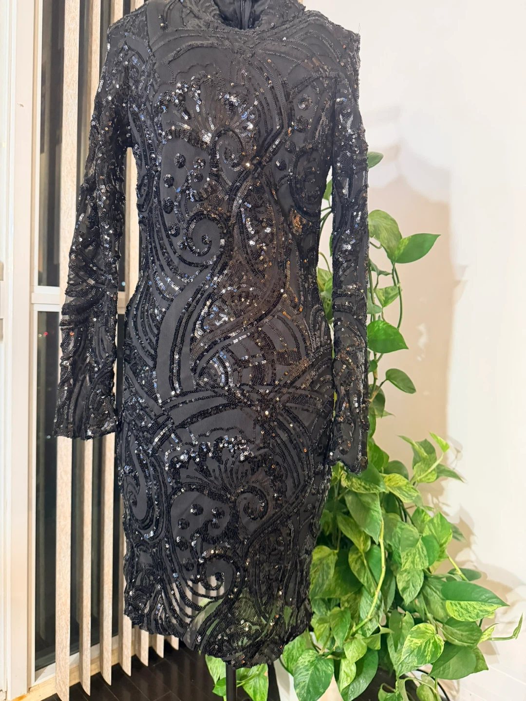 Black Sequin Mock Neck Long Sleeve Dress