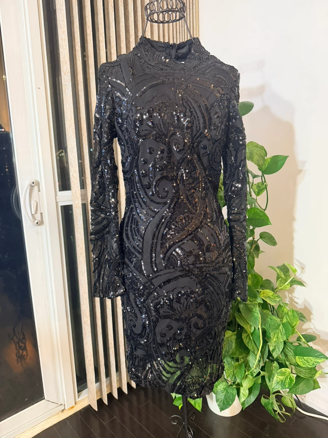 Black Sequin Mock Neck Long Sleeve Dress - photo 2