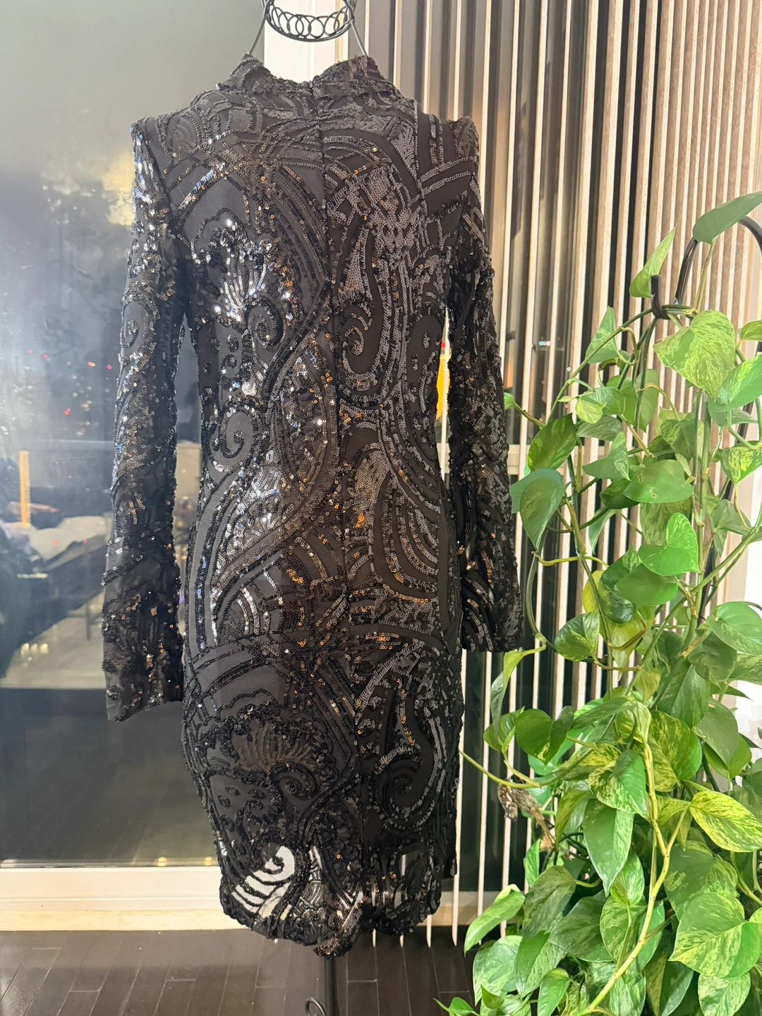 Black Sequin Mock Neck Long Sleeve Dress - photo 4