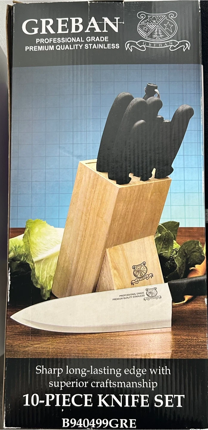 GREBAN 10-Piece Professional Grade Knife Set with Wooden Block