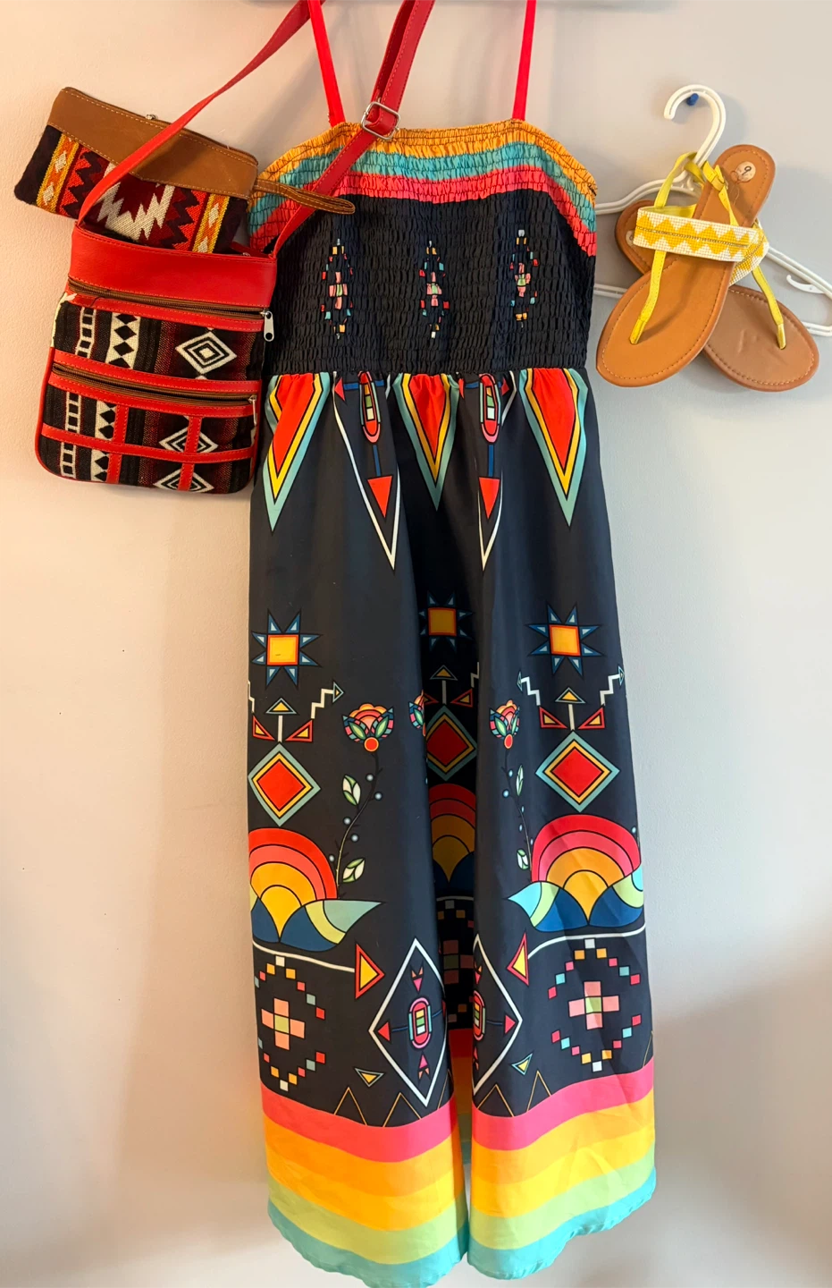 Beautiful summer dress/beaded sz9 sandals/purse wallet $125