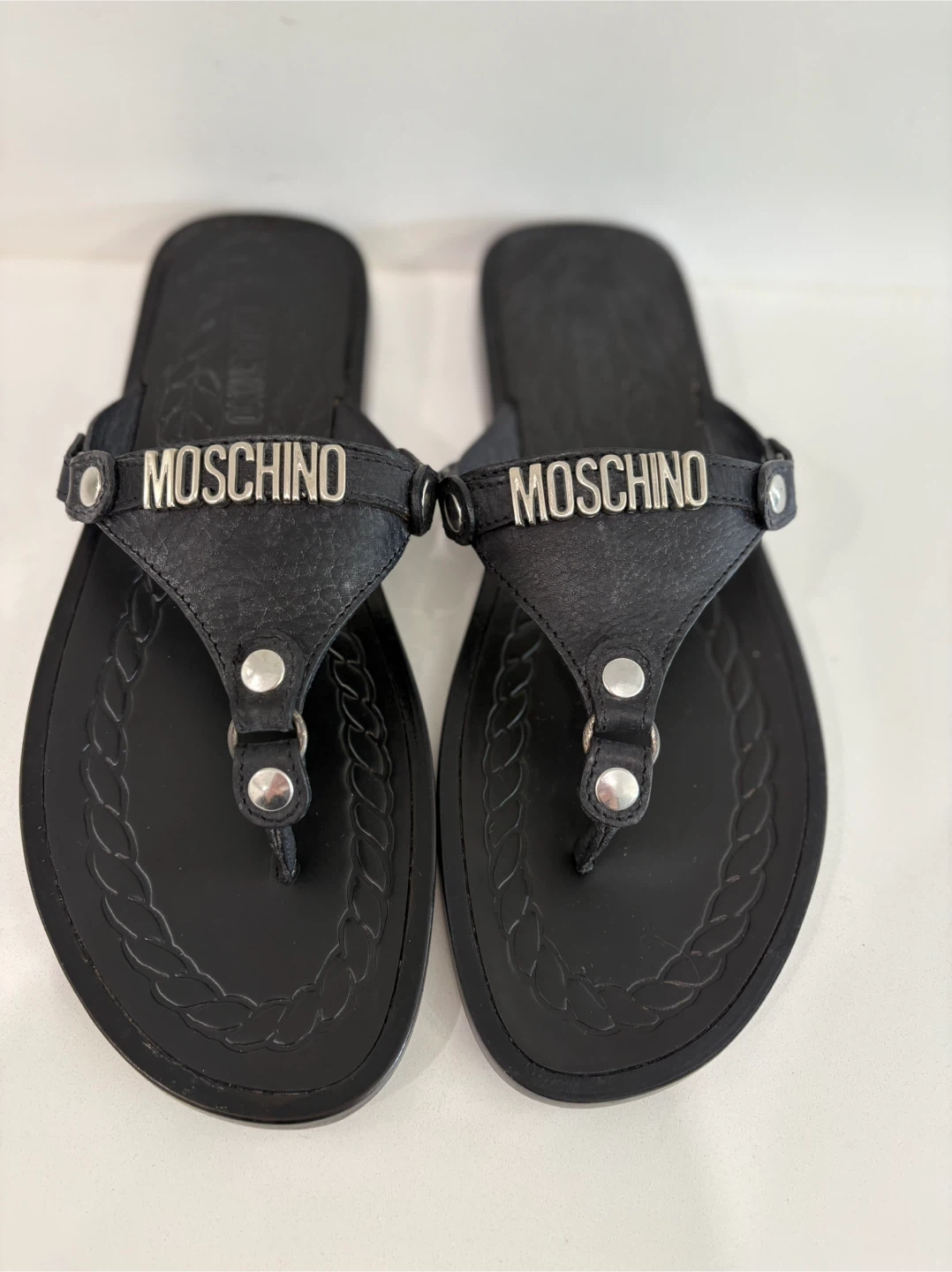 Rare Vintage Moschino Men’s Leather Sandals 43 NWOT Black Silver