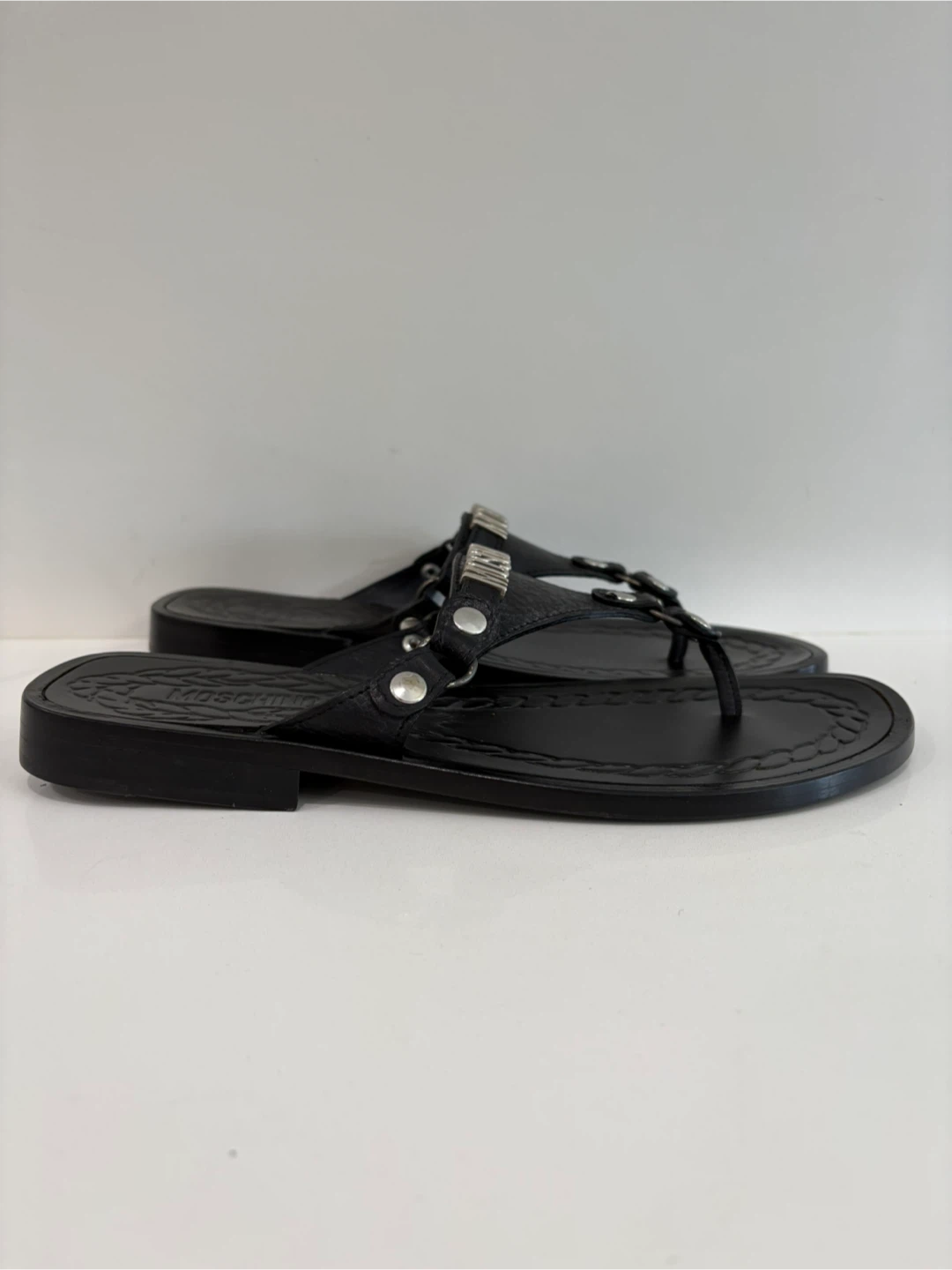 Rare Vintage Moschino Men’s Leather Sandals 43 NWOT Black Silver - photo 2