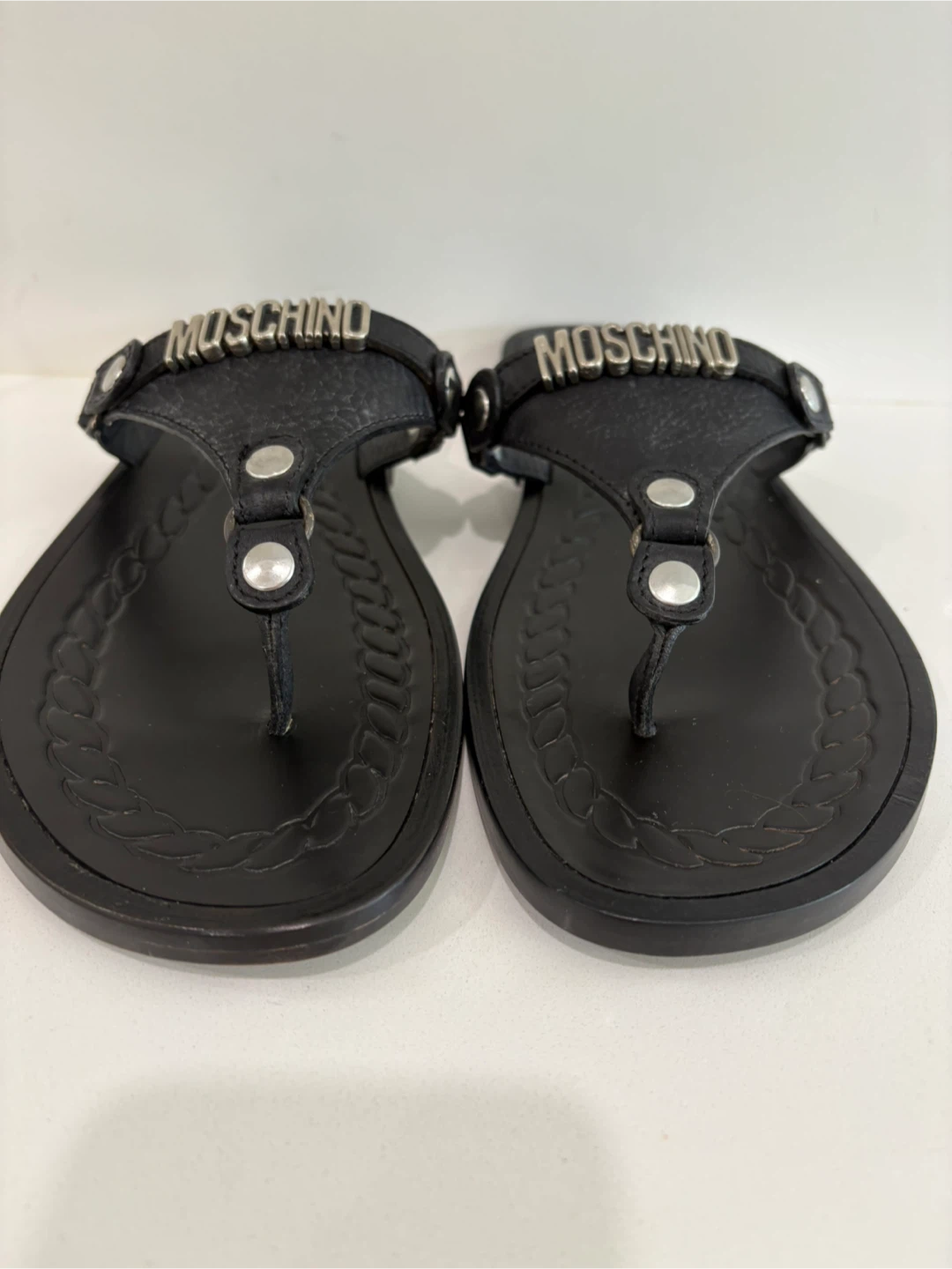 Rare Vintage Moschino Men’s Leather Sandals 43 NWOT Black Silver - photo 3