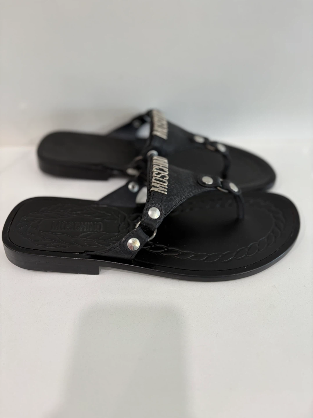 Rare Vintage Moschino Men’s Leather Sandals 43 NWOT Black Silver - photo 4