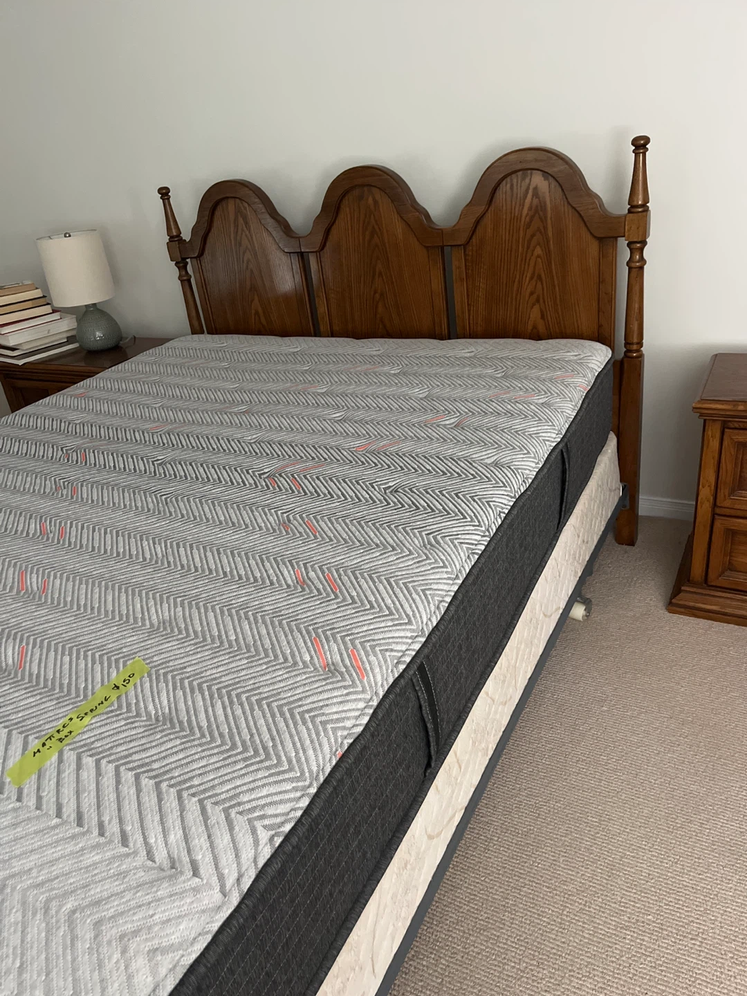 Oak headboard and queen bed frame.  Night stands sold