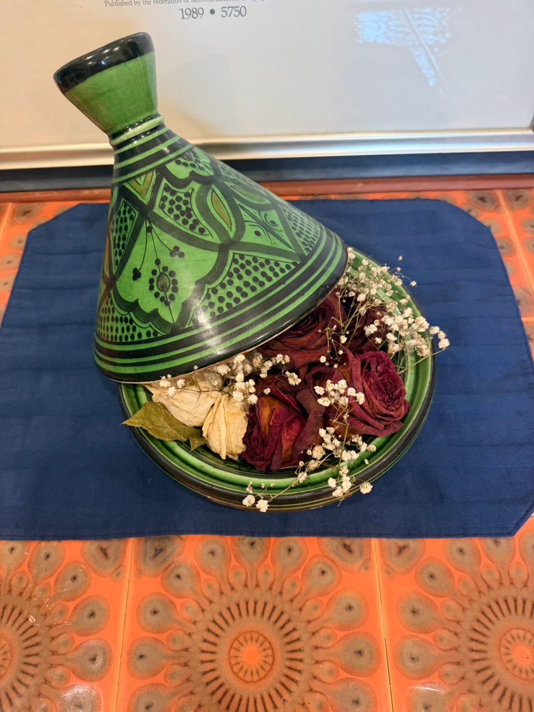 Decorative Green Tagine Dish with Dried Flowers - photo 2
