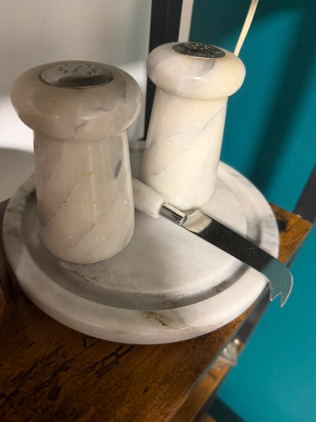 Marble Salt and Pepper Grinders with Tray and Knife - photo 3