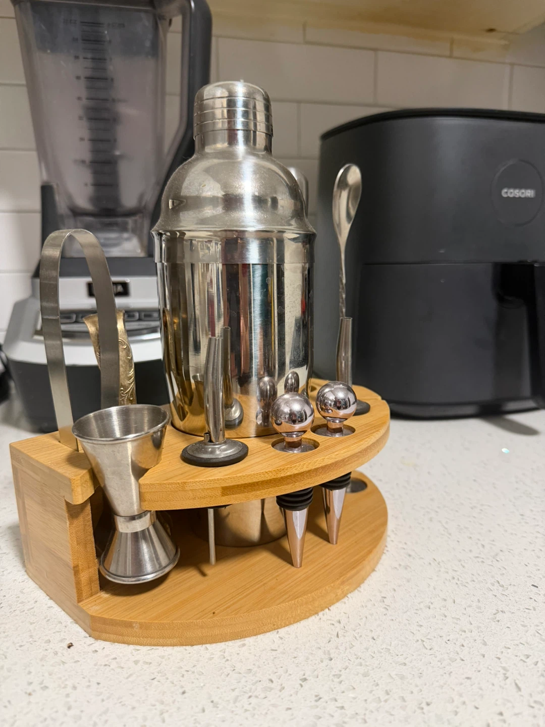 Stainless Steel Cocktail Shaker Set with Wooden Stand