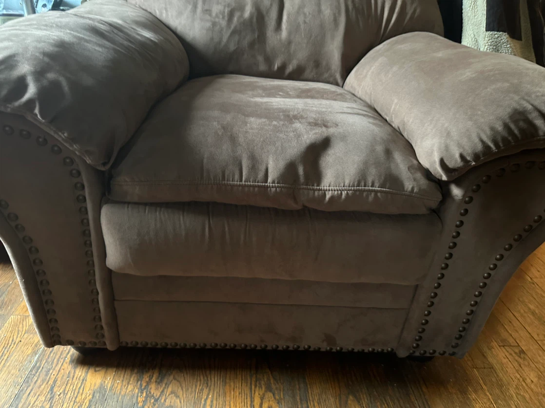 Brown Suede Armchair and loveseat