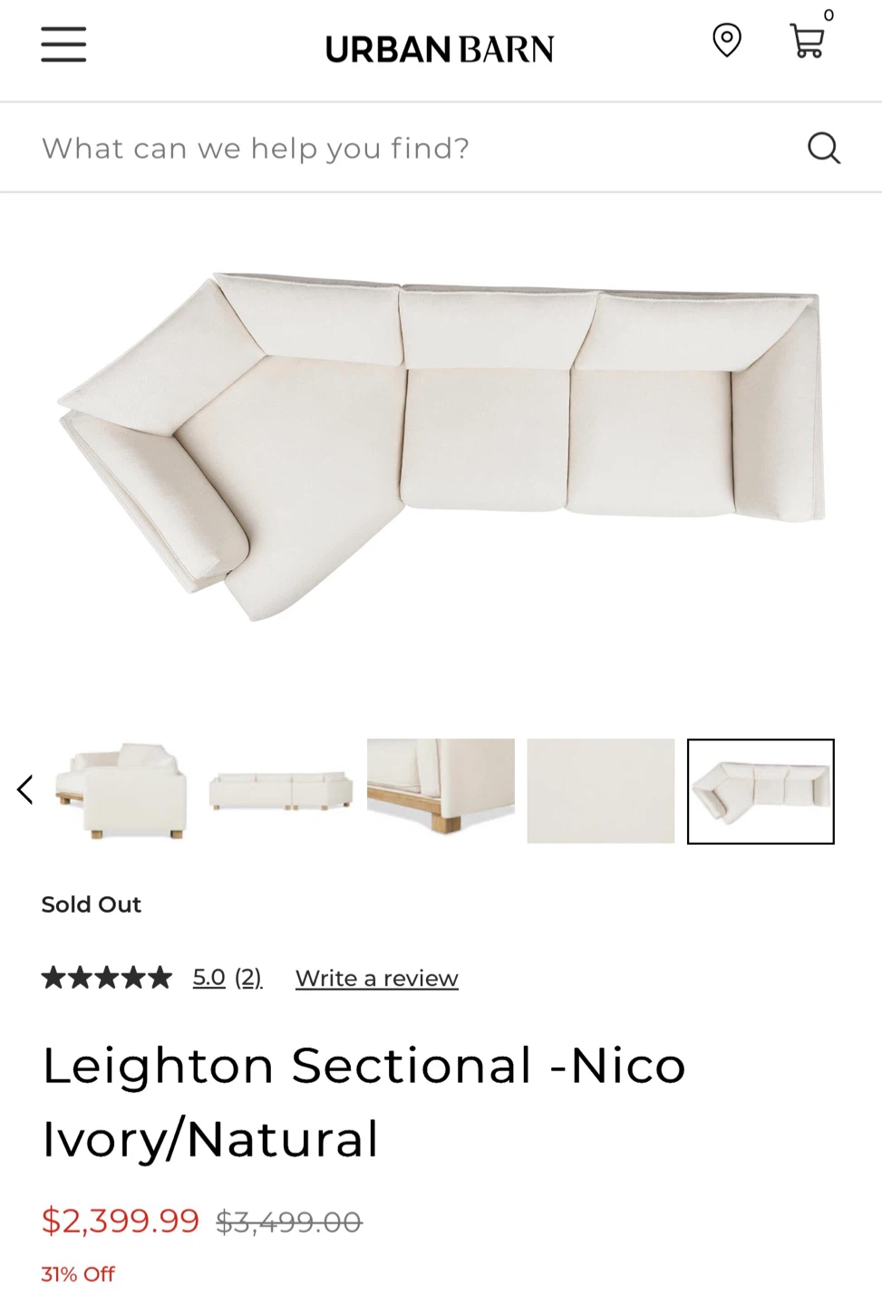 Urban Barn Leighton Sectional Sofa - Nico Ivory/Natural - photo 2